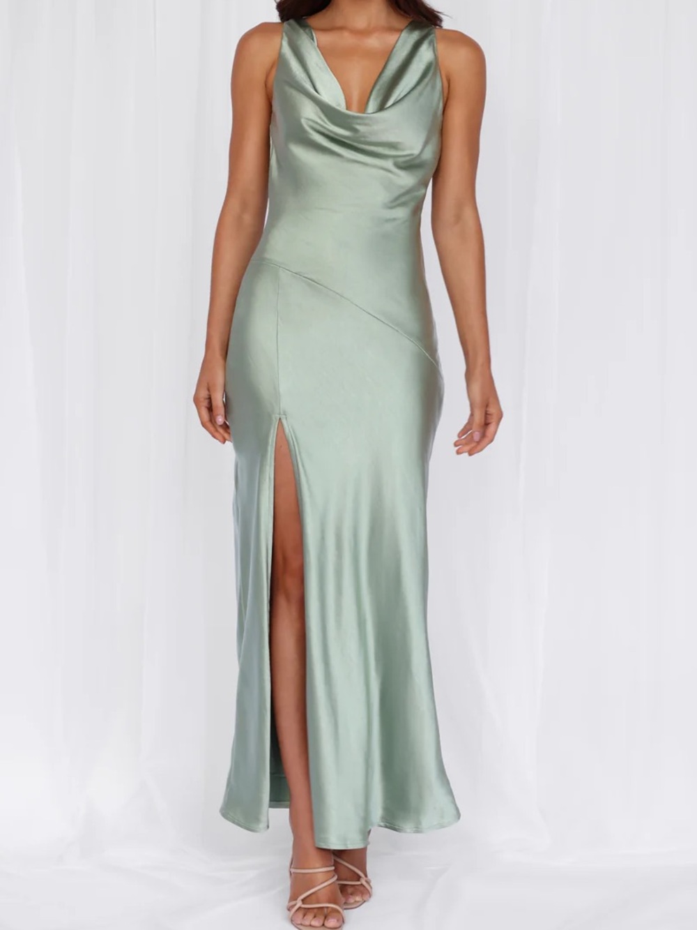 Hello Molly Satin Cowl Neck Slip Dress in Sage Green